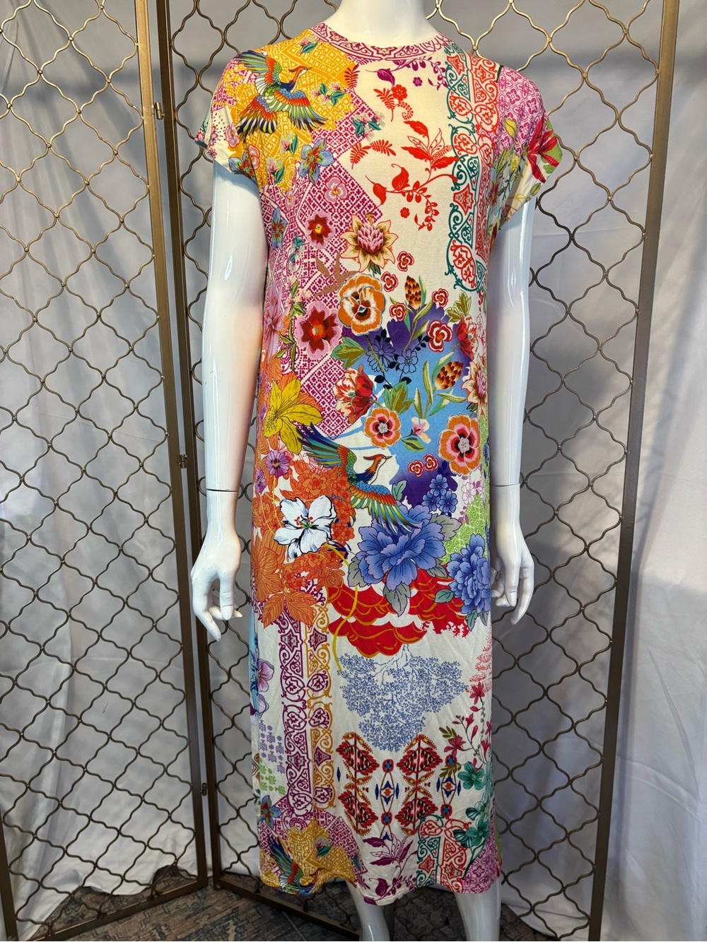 Johnny Was Multicolor Floral Patchwork Midi Dress size M in Wonderful Condition